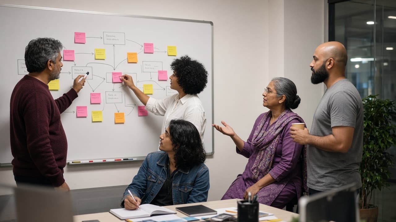 Indian practice leader facilitating a functional team workshop with process maps and sticky notes on a whiteboard