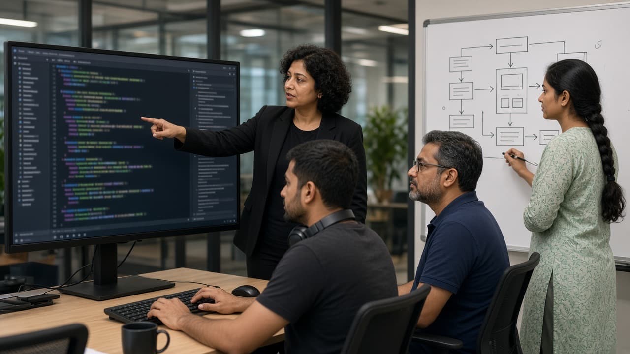 Indian software team mob-programming with an AI assistant on screen while a tech lead coaches and a colleague sketches architecture