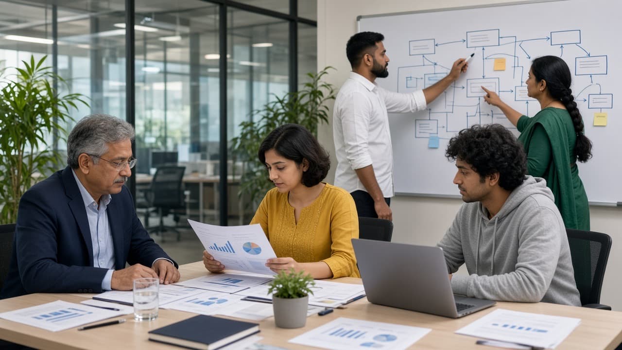 Indian cross-functional team around a table with research reports while two colleagues map a connected flow on a whiteboard