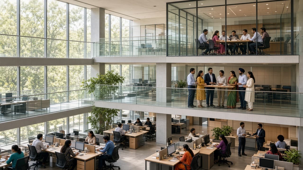 Indian office seen across levels: leaders in a glass meeting room above, a business-unit huddle and functional teams on the floor below