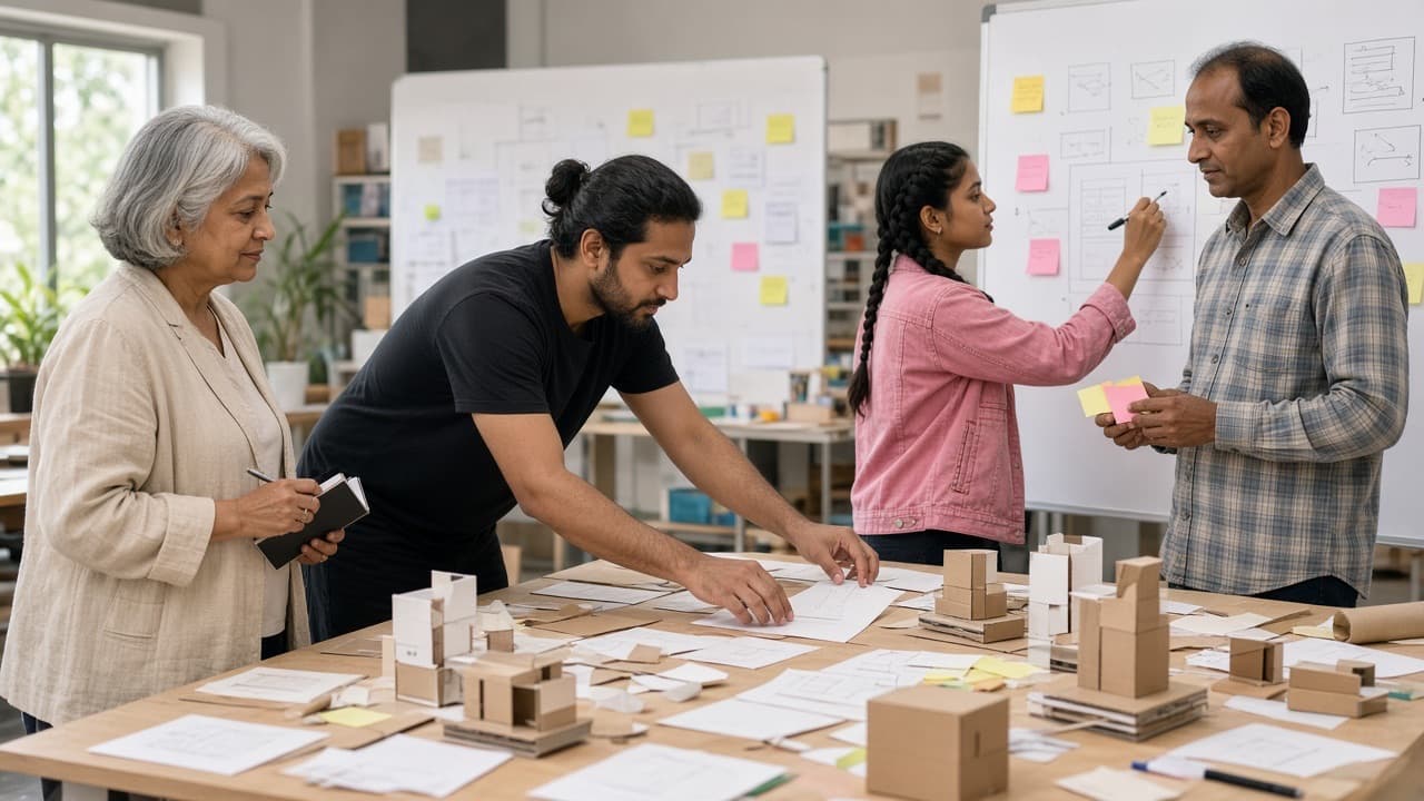 Indian team prototyping a new way of working in a learning lab while a senior leader observes and takes notes