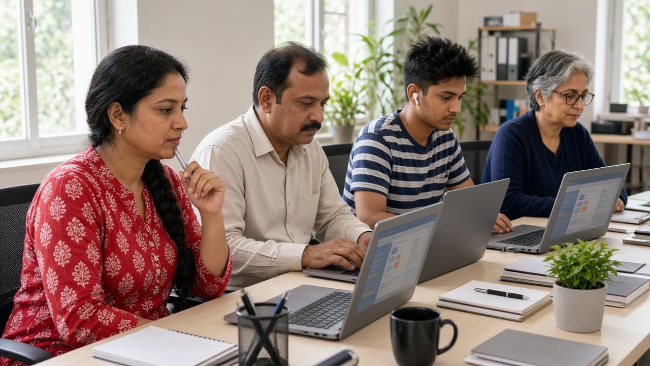 Indian professionals at a shared desk taking a scenario-based online assessment on laptops