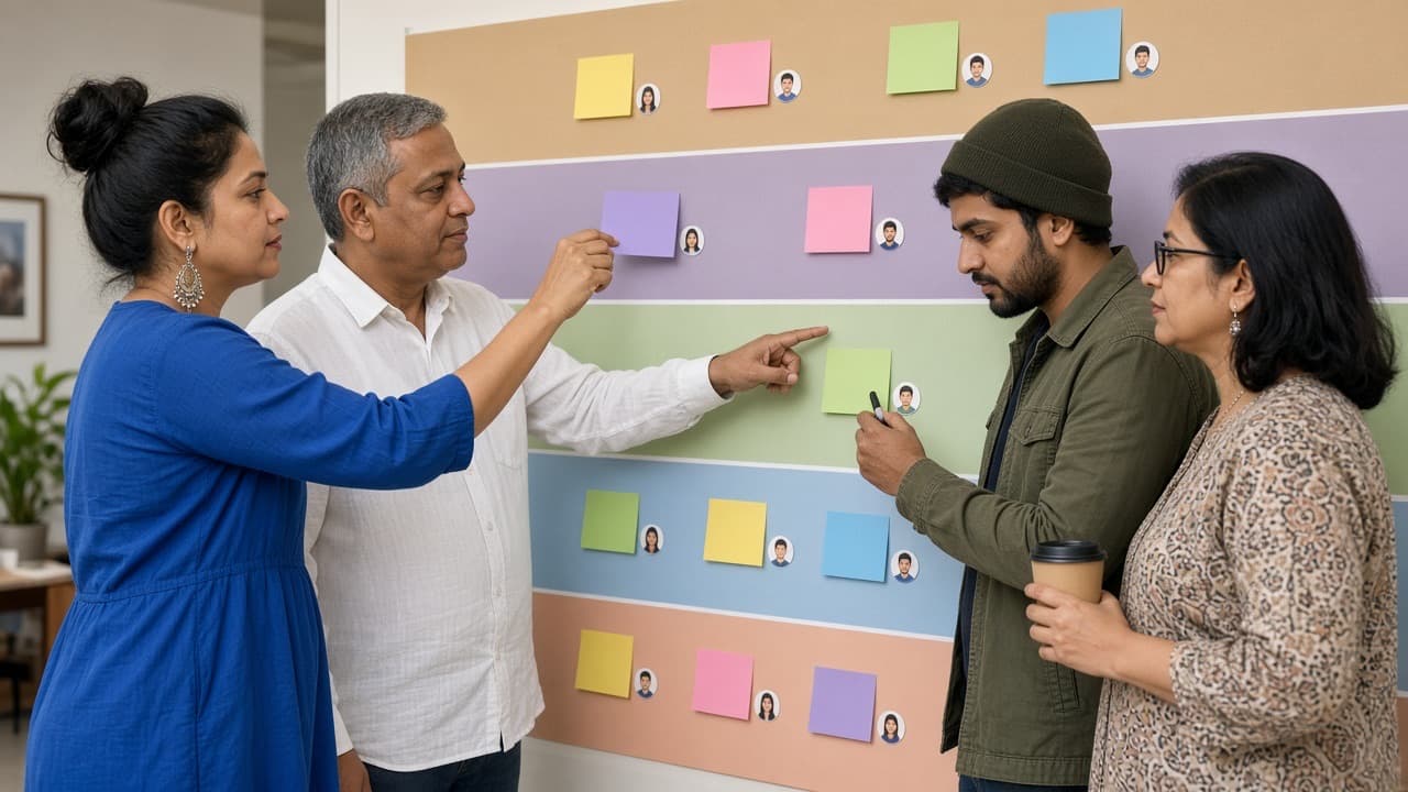 Indian cross-functional team building an action plan with owners on a large timeline wall