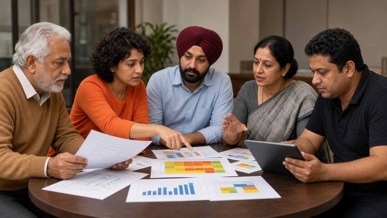 Indian leadership group reviewing readiness heat maps and charts around a round table