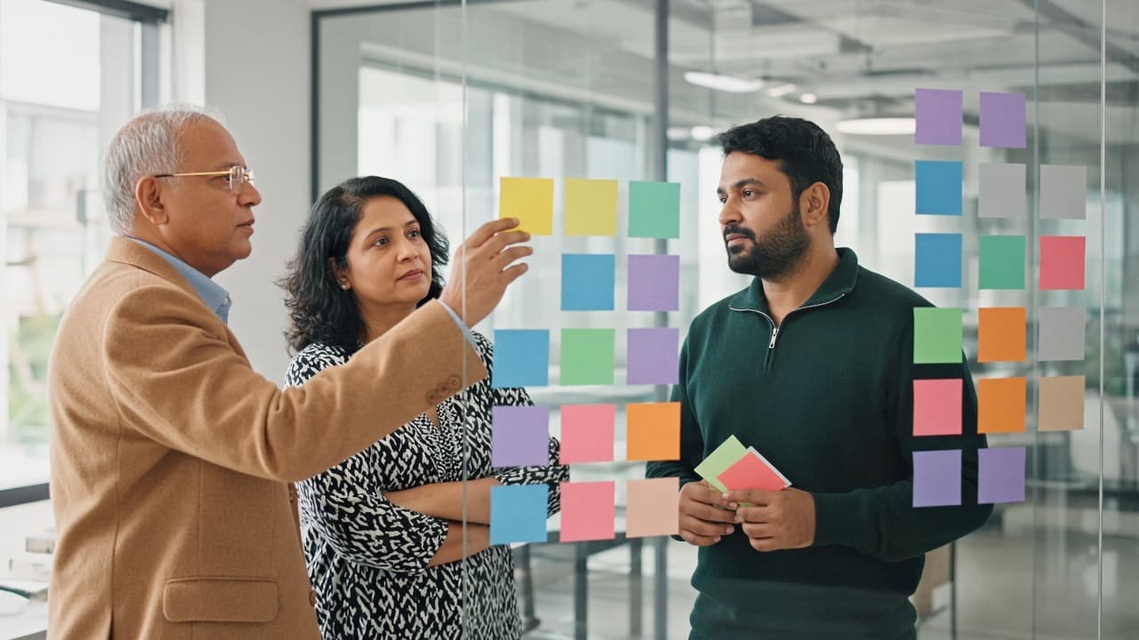 Indian senior leaders arranging cards into a future capability map on a glass wall