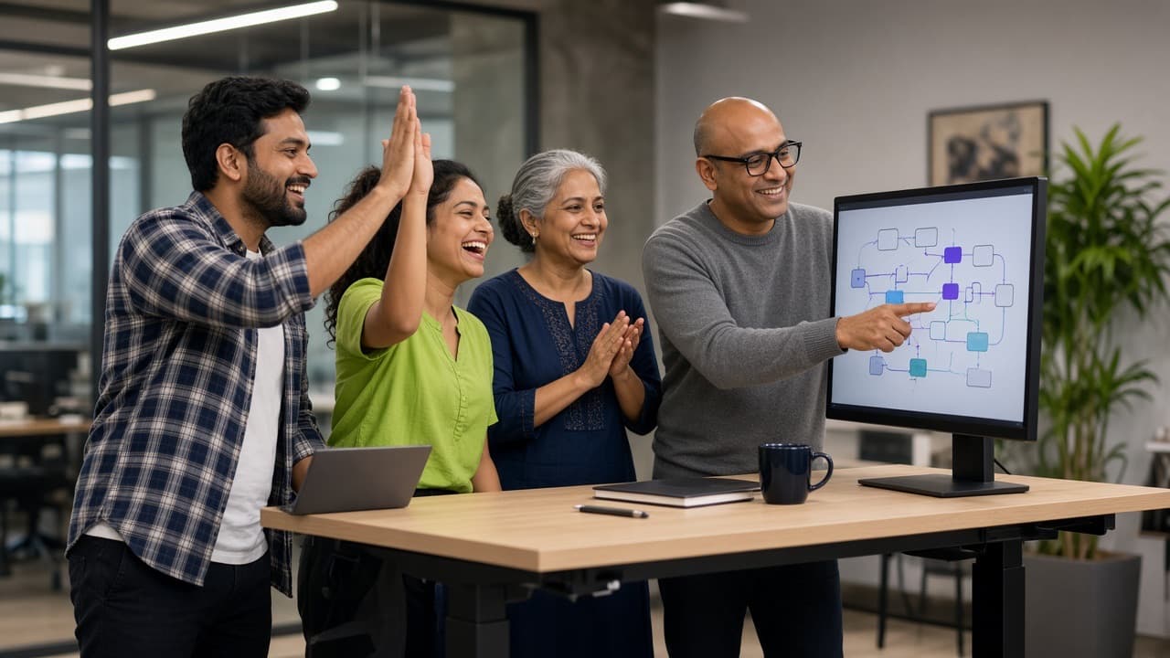 Indian team celebrating a small win while applying a new AI-enabled workflow at a standing desk